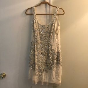 Adrianna Papell White and Silver Beaded Dress